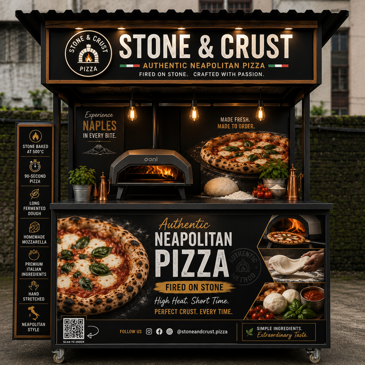 Stone & Crust stall front with pizza, dough, oven, and ingredients