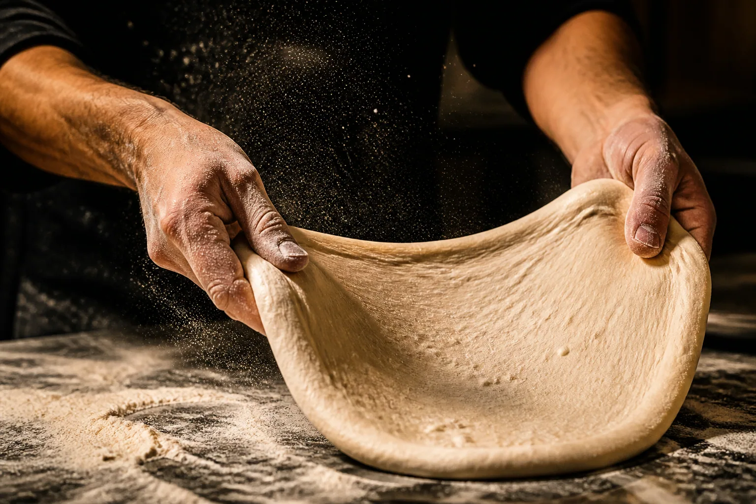 Flour dusted hands stretching pizza dough