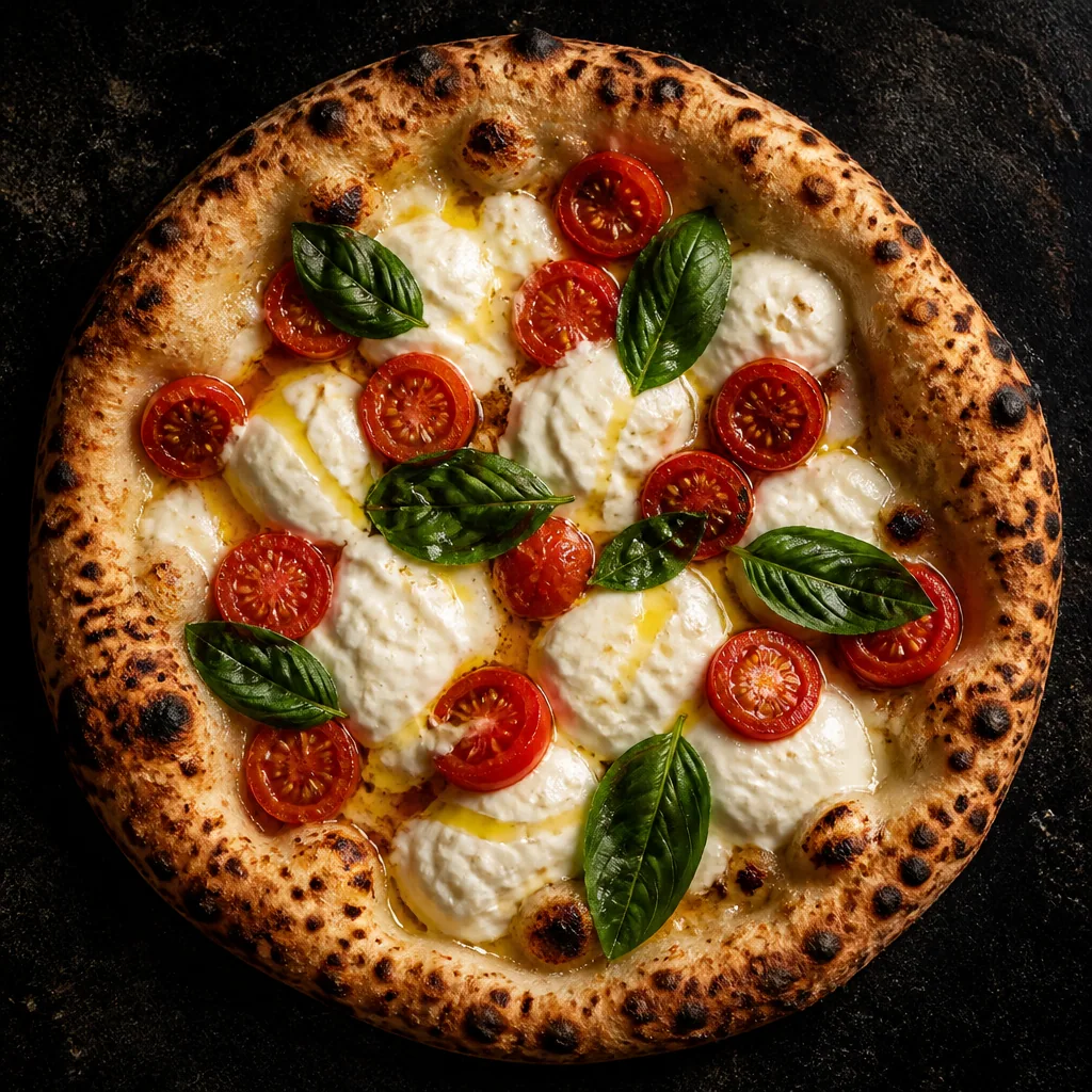 Pizza finished with torn buffalo mozzarella